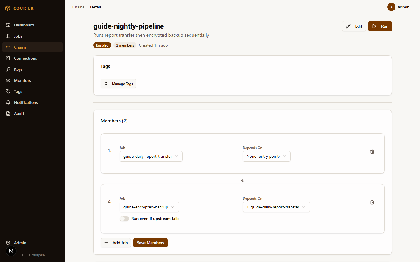 Chain detail view showing linked job sequence and execution flow