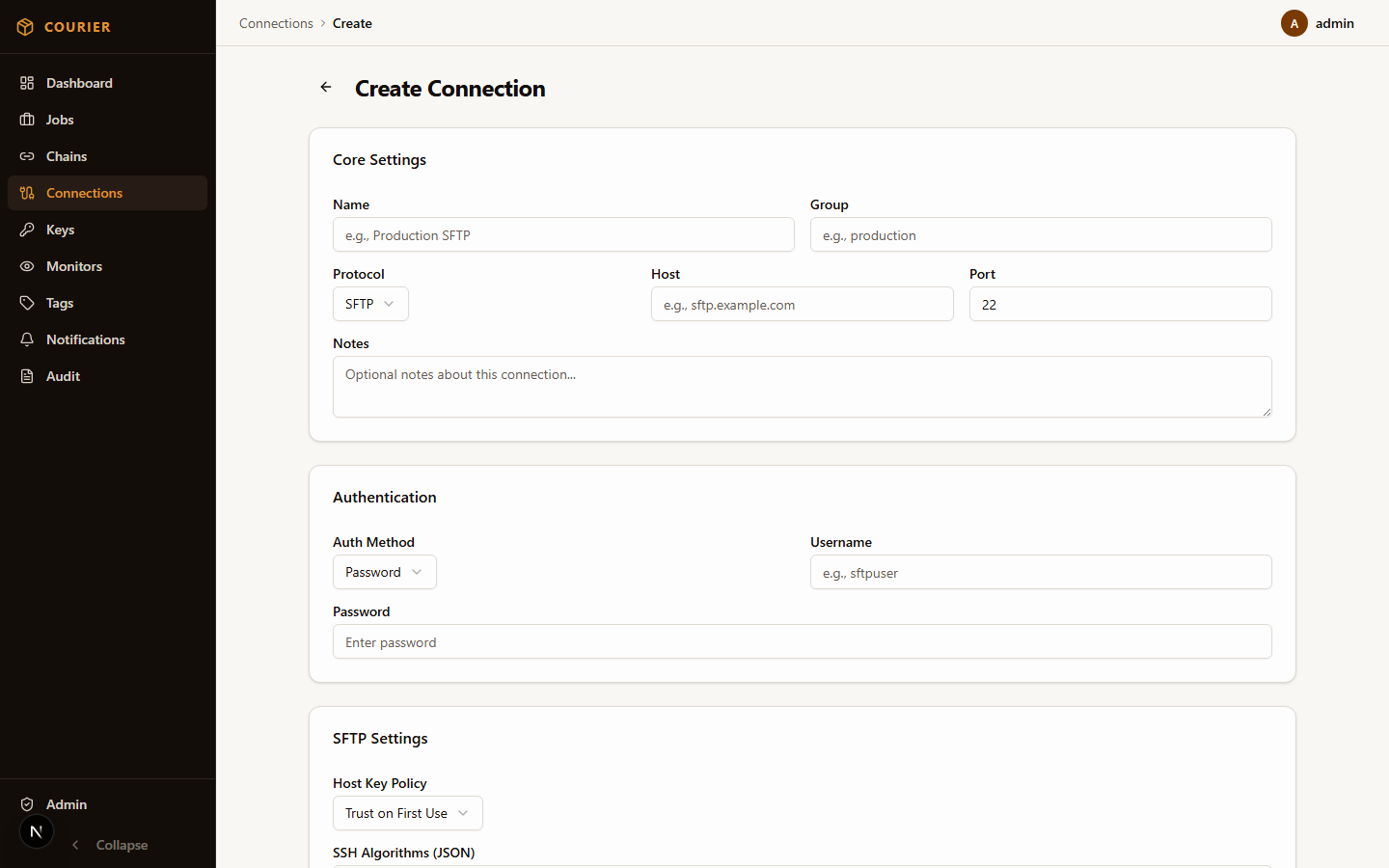 Create connection form with protocol selection and credential configuration
