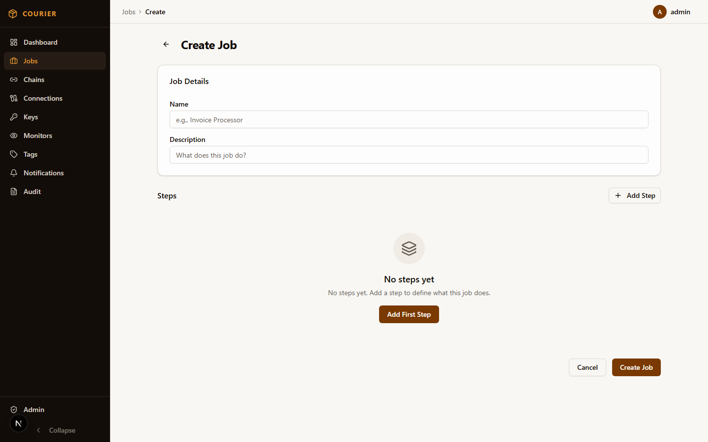 Create new job form with name, description, and configuration options