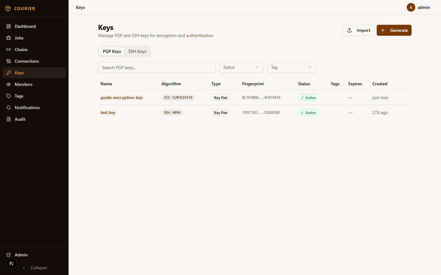 PGP key management interface showing imported and generated keys