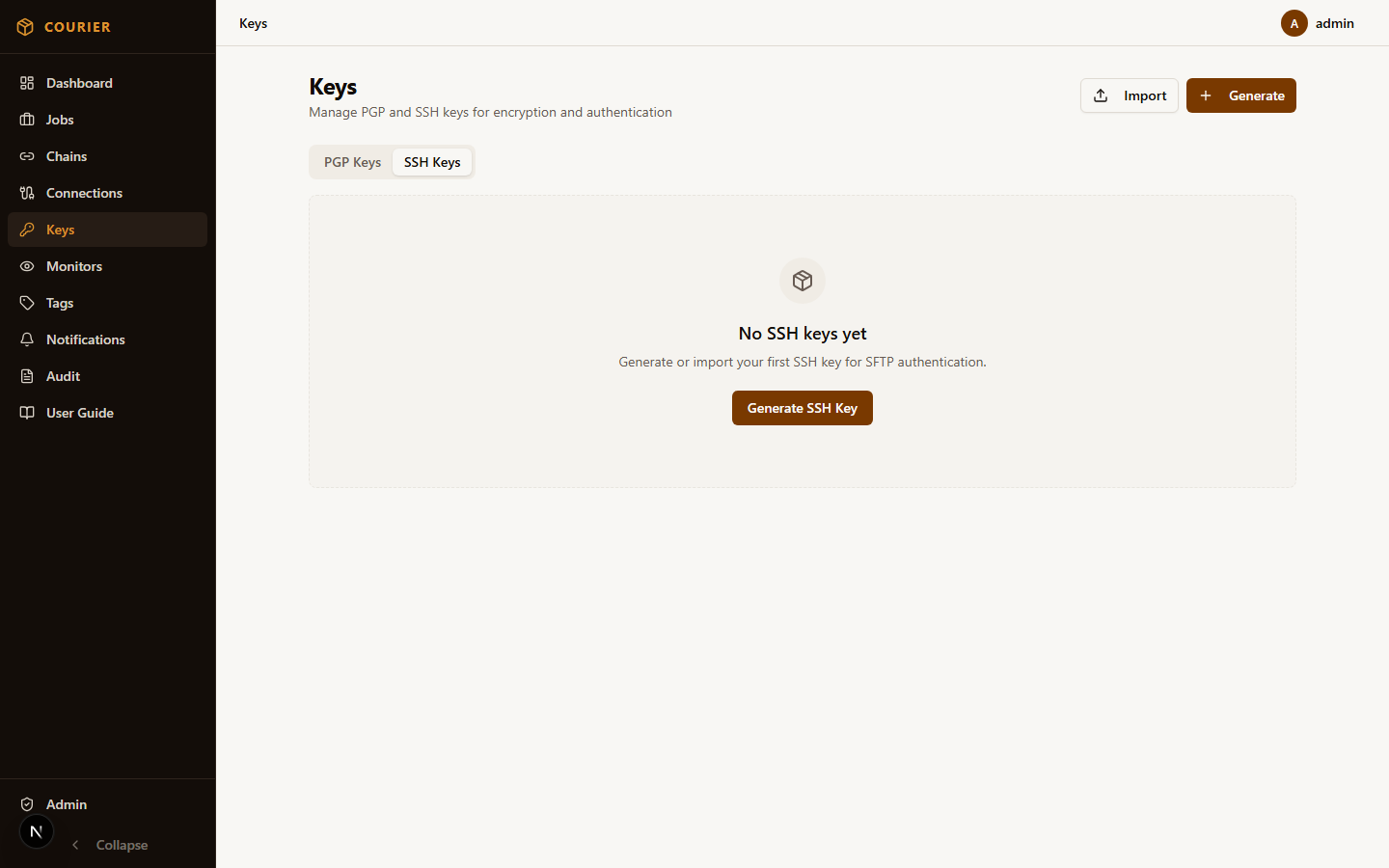 SSH key management interface for SFTP connection authentication