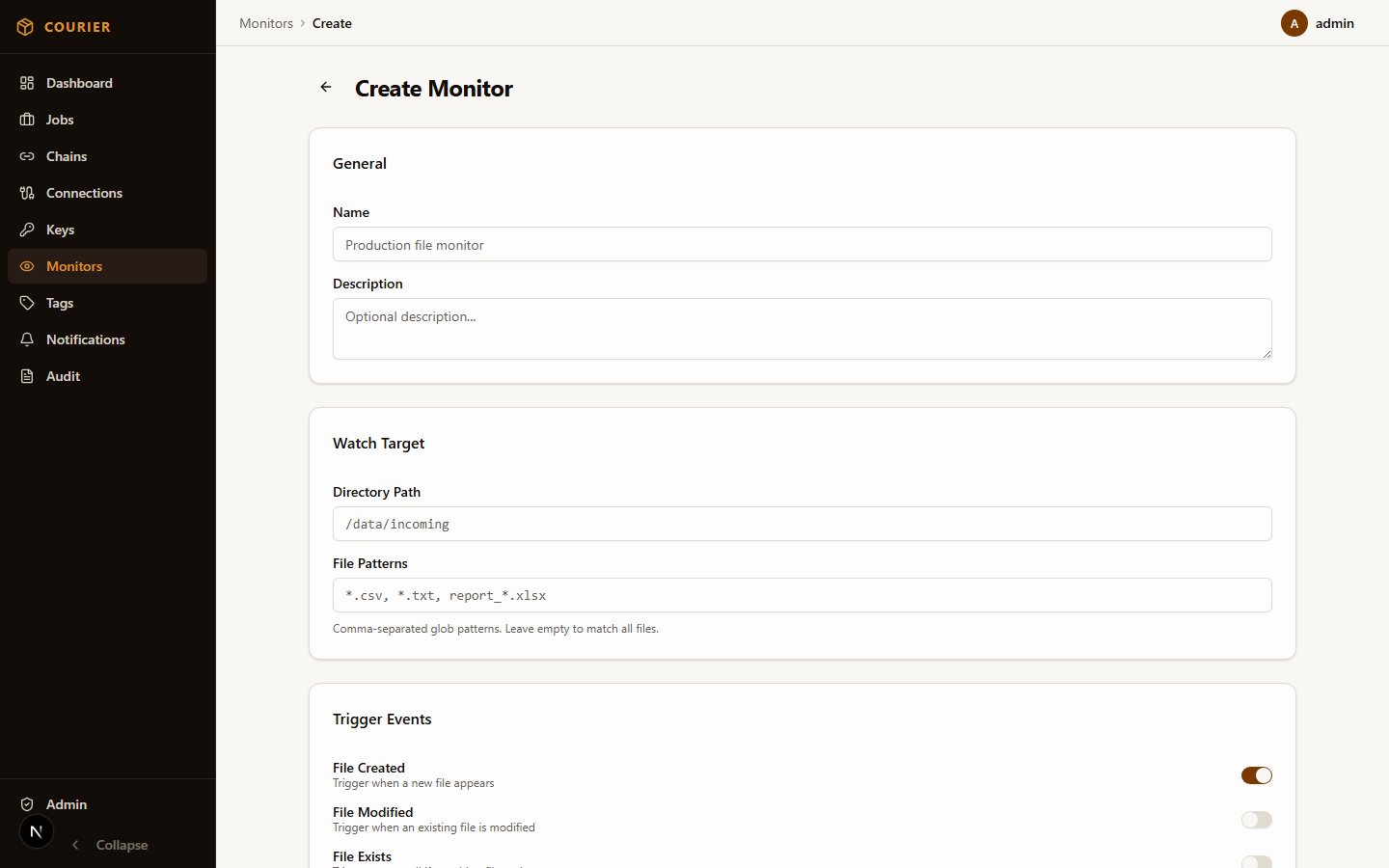 Create file monitor form with directory path and trigger configuration