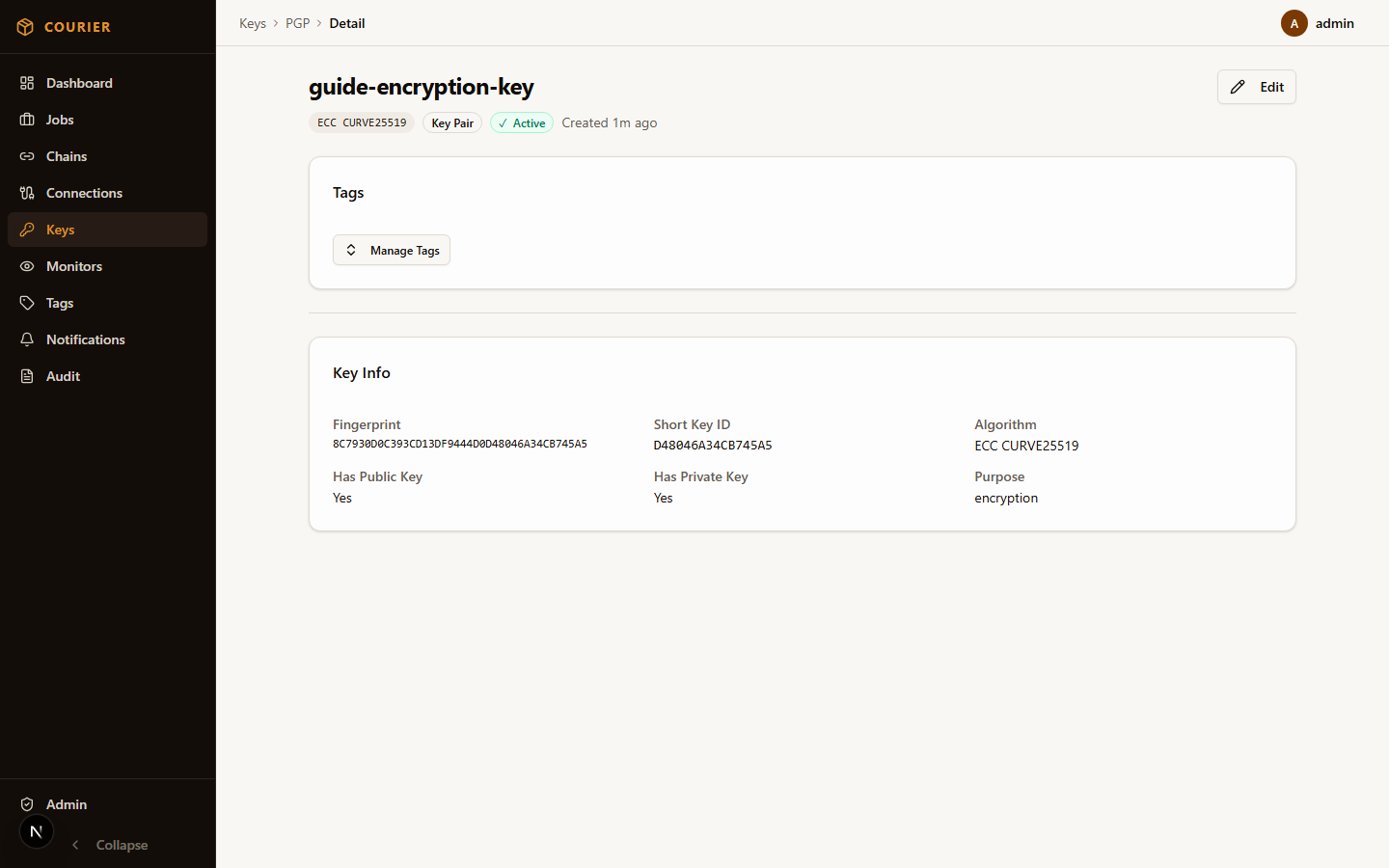 PGP key detail view with fingerprint, expiry, and usage information