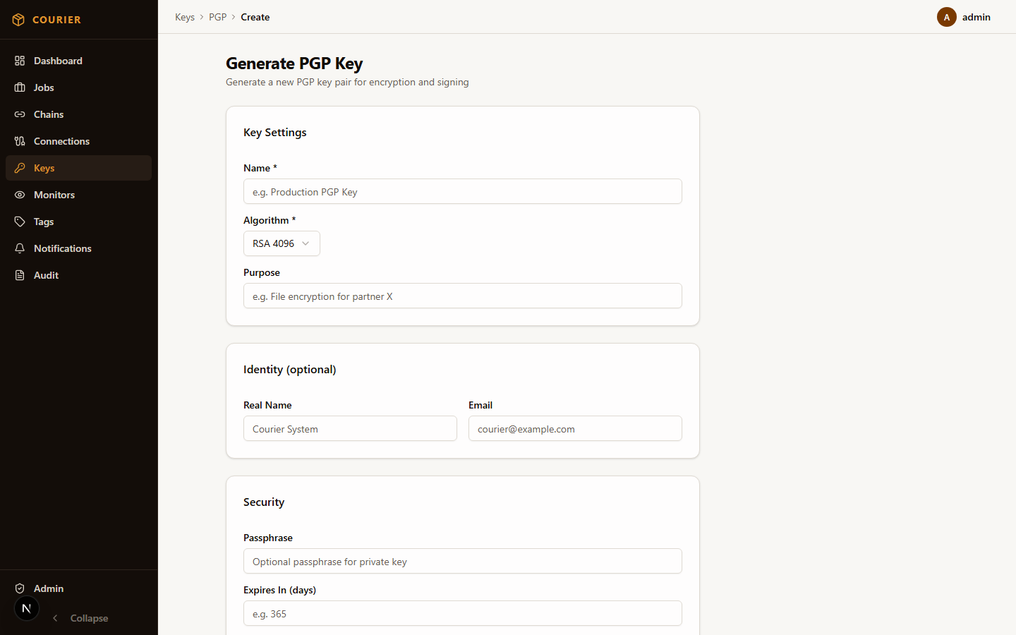 PGP key generation wizard with algorithm and key size options